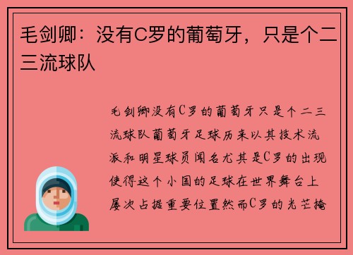 毛剑卿：没有C罗的葡萄牙，只是个二三流球队
