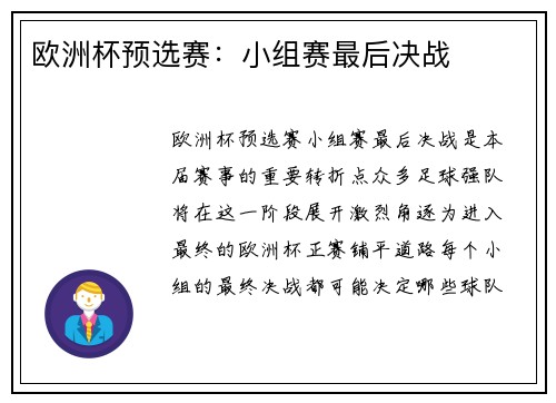 欧洲杯预选赛：小组赛最后决战