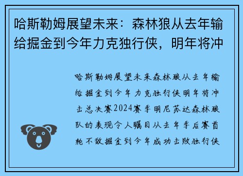 哈斯勒姆展望未来：森林狼从去年输给掘金到今年力克独行侠，明年将冲击总决赛！